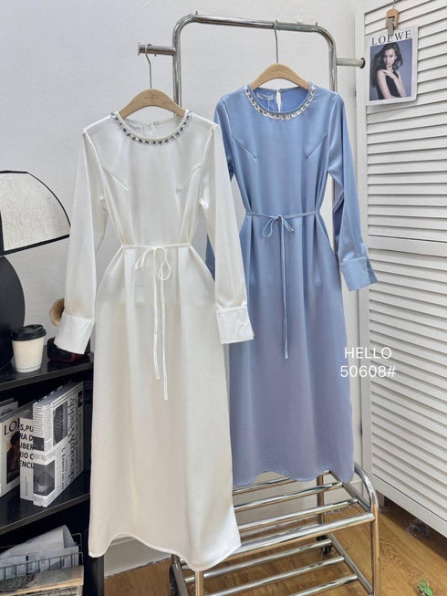 Crystal Decor Long Sleeves Long Satin Dress